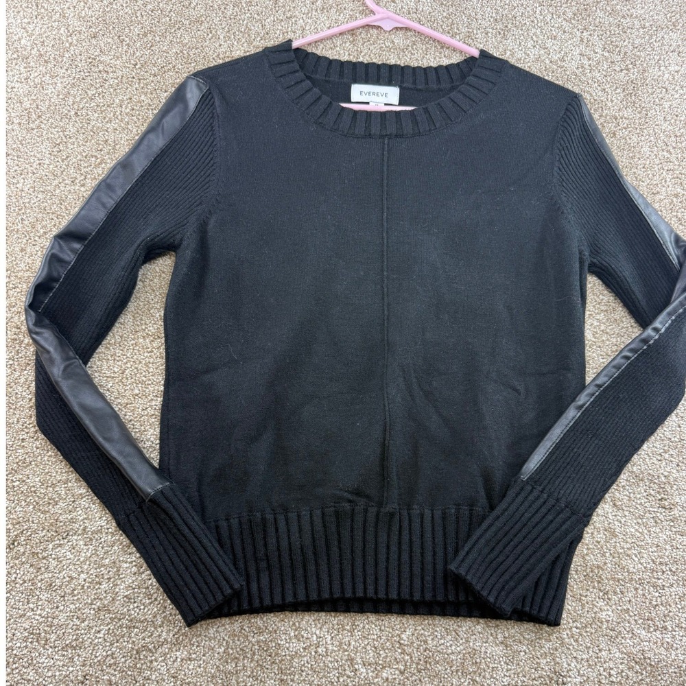 Evereve Womens Black Faux Leather Trim Ribbed Sleeve Crewneck Sweater M Moto Med